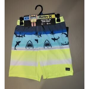 Hurley Youth Pull-On Swim Short Boys Size 10/12 Yellow And Blue With Sharks
